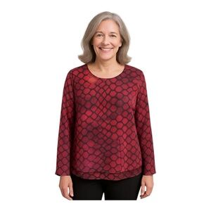 New Direction Womens Slit Sleeve Blouse~Size Small~Red Black Reptile Print L6 12